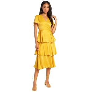 Lulus Always Forever Mustard Flutter Sleeve Tiered Satin Midi Dress S